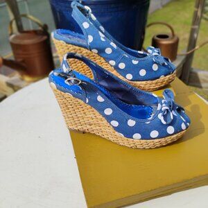 Seychelles “PS I Love You” Blue Polka Dot Wedges (Size 7)